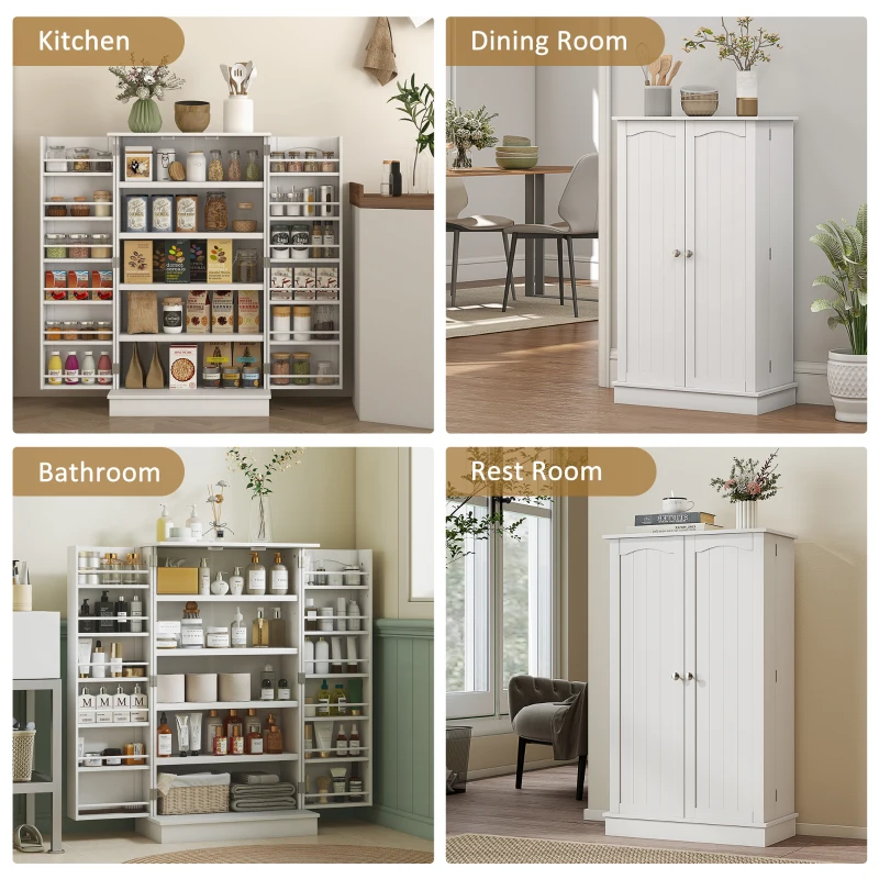 HOMCOM Freestanding Kitchen Pantry Cabinet, Kitchen Sideboard Cabinet with 12 Door Shelves, Double Doors, 5-tier Shelving, Paper White