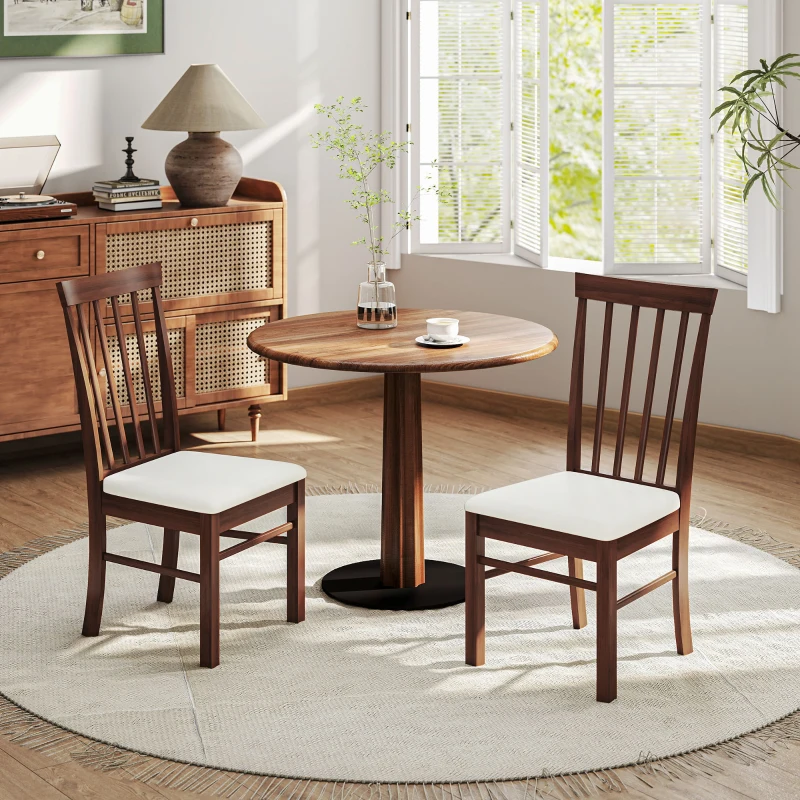 HOMCOM Wooden Dining Chairs Set of 2, Farmhouse Upholstered Kitchen Chairs with Rubber Wood Frame, Dark Brown and Beige