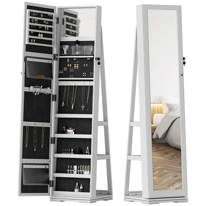 HOMCOM 360° Swivel Jewelry Armoire, Lockable Mirror Jewelry Cabinet with Built-In Small Mirror, White