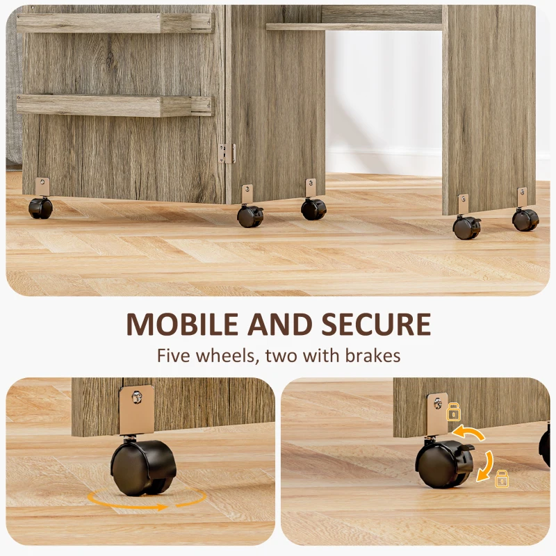 HOMCOM Sewing Machine Cabinet, Folding Sewing Table with Storage Shelf, Bins and Lockable Wheels for Small Space, Grey