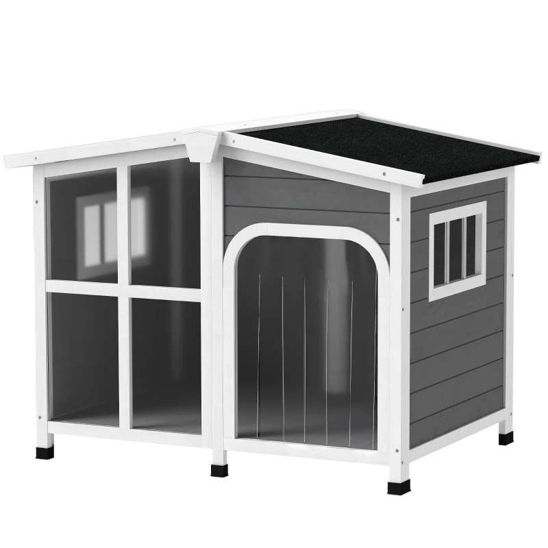 PawHut Outside Cabin-Style Wooden Dog House for Large Dogs with Openable Roof & Giant Window, Outdoor & Indoor Big Dog Shelter, Asphalt Roof, Gray