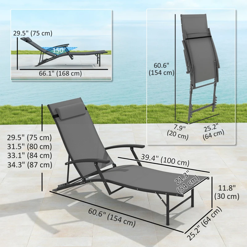 Outsunny Set of 2 Chaise Lounge Chairs, Folding Tanning Chair with Pillow, Outdoor Sun Lounger for Patio, Garden, Beach, Grey
