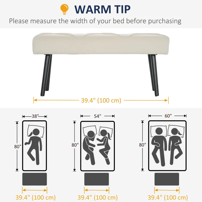 HOMCOM 39 Inches Upholstered Bedroom Bench, Modern End of Bed Bench with Steel Legs, Cream White