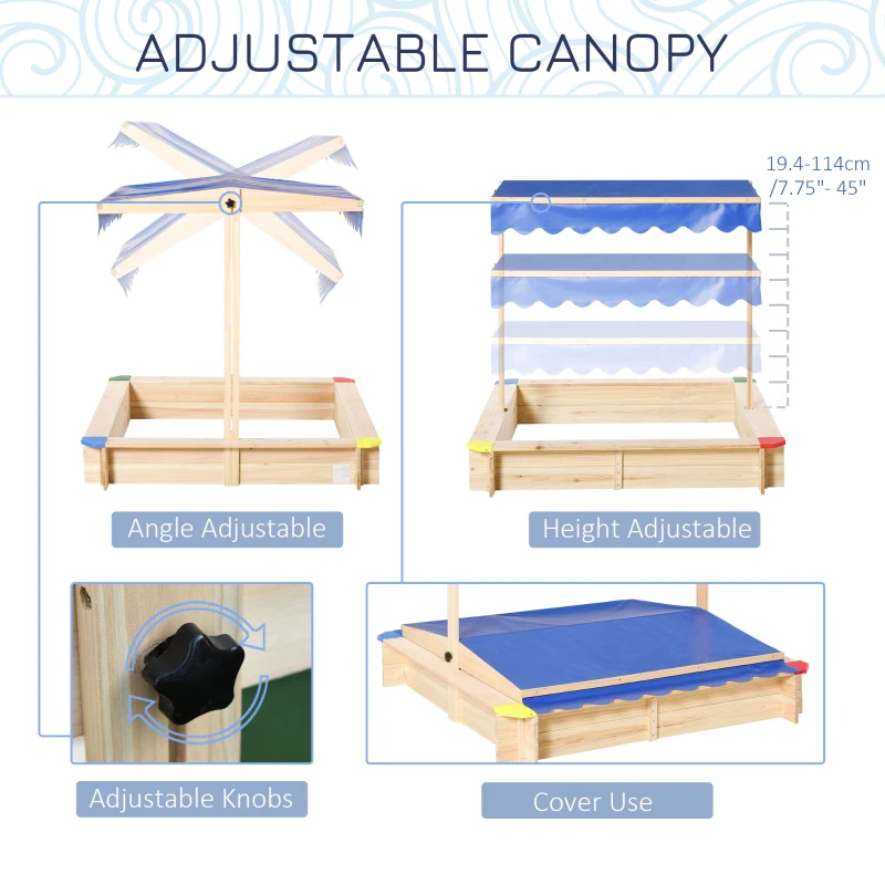 Outsunny Kids Wooden Sandbox with Cover, Play Sand Station for Children Outdoor Sand box, with Seats, for Backyard, Beach, 47" x 47" x 47", Natural