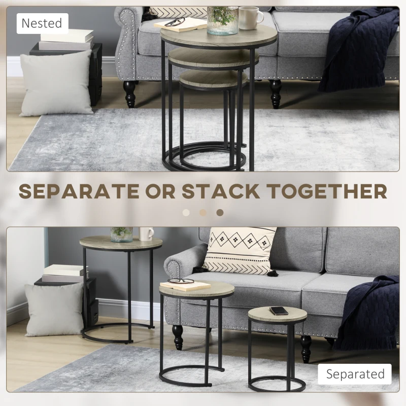HOMCOM Nesting Tables Set of 3, Round Coffee Table, Stacking Side Tables with Steel Frame for Living Room