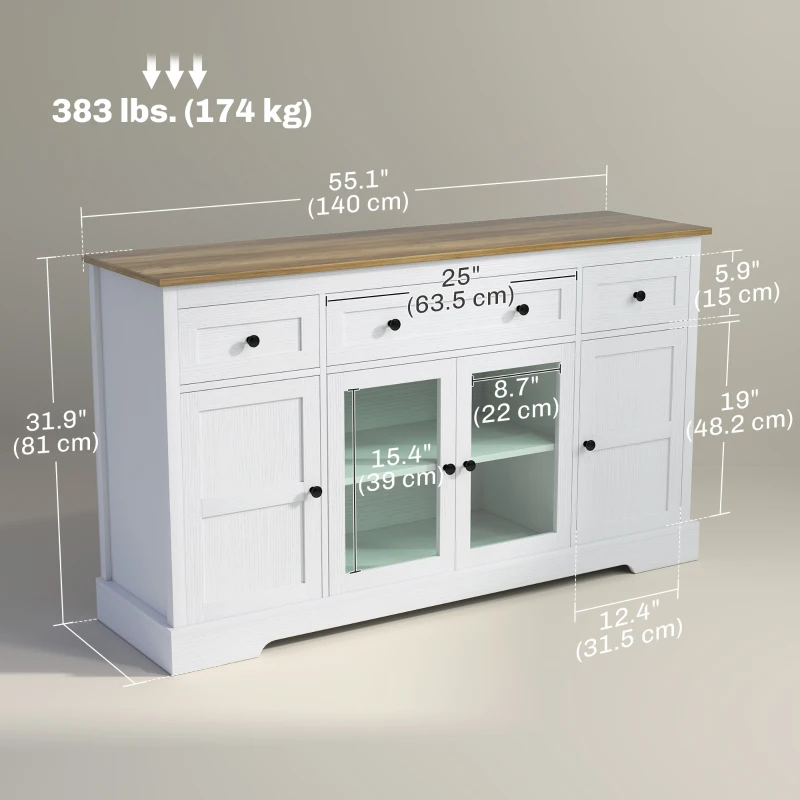 HOMCOM Sideboard Buffet Cabinet with Storage, Coffee Bar Cabinet with Glass Doors and Adjustable Shelves, Distressed White