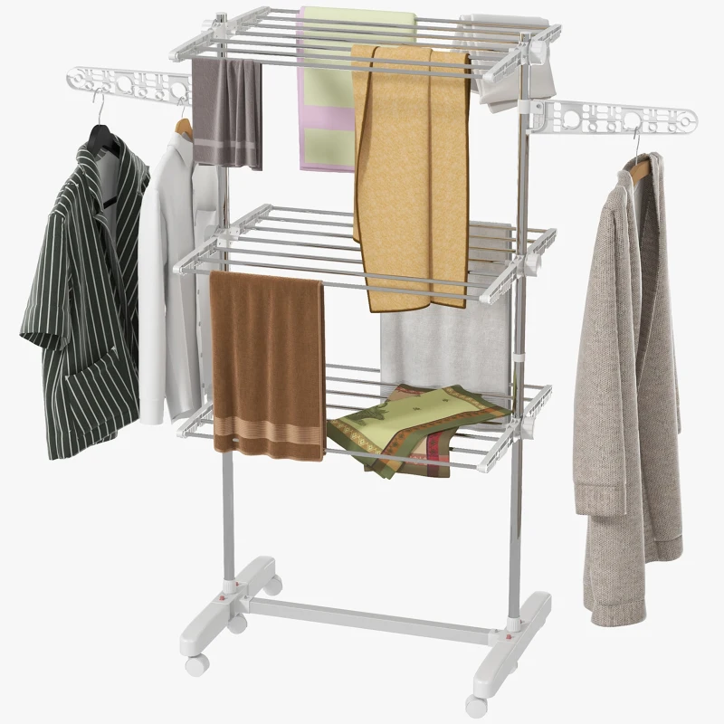 HOMCOM 3-Tier Foldable Clothes Drying Rack, Stainless Steel Laundry Rack with 2 Side Wings and 6 Castors, Collapsible Adjustable Clothes Airer for Indoor Outdoor, White