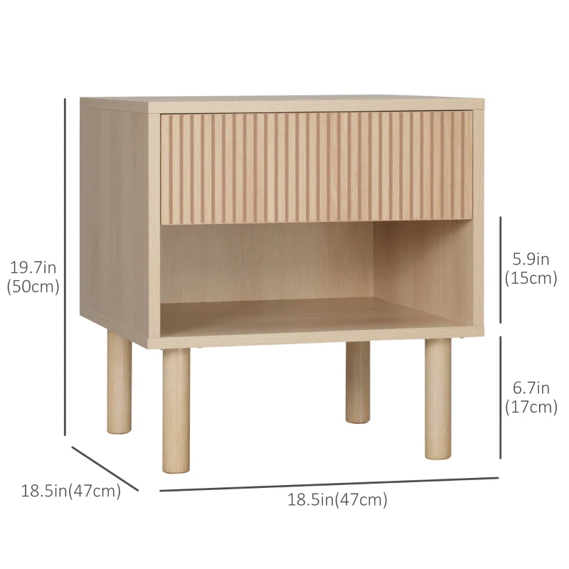 HOMCOM Modern Bedside Table with Drawer and Open Shelf, Sofa Side Table for Bedroom Living Room, Natural
