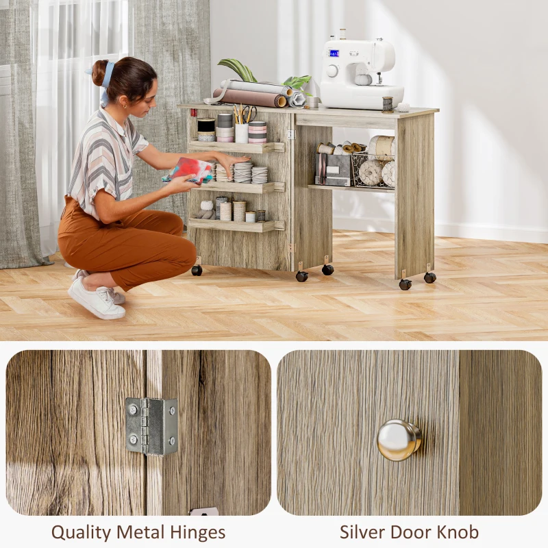 HOMCOM Sewing Machine Cabinet, Folding Sewing Table with Storage Shelf, Bins and Lockable Wheels for Small Space, Grey
