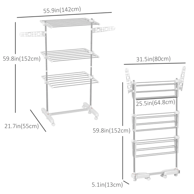 HOMCOM 3-Tier Foldable Clothes Drying Rack, Stainless Steel Laundry Rack with 2 Side Wings and 6 Castors, Collapsible Adjustable Clothes Airer for Indoor Outdoor, White