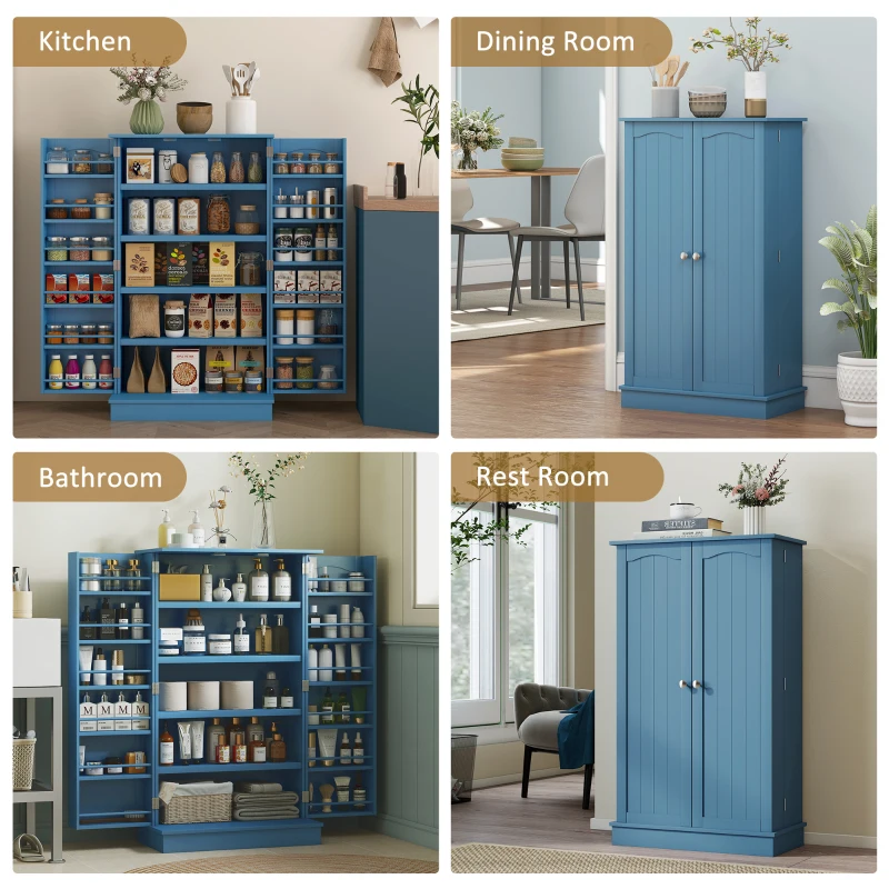 HOMCOM Freestanding Kitchen Pantry Cabinet, Kitchen Cabinet with 12 Door Shelves, Double Doors, 5-tier Shelving, Blue