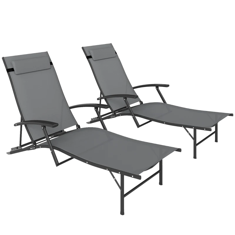 Outsunny Set of 2 Chaise Lounge Chairs, Folding Tanning Chair with Pillow, Outdoor Sun Lounger for Patio, Garden, Beach, Grey