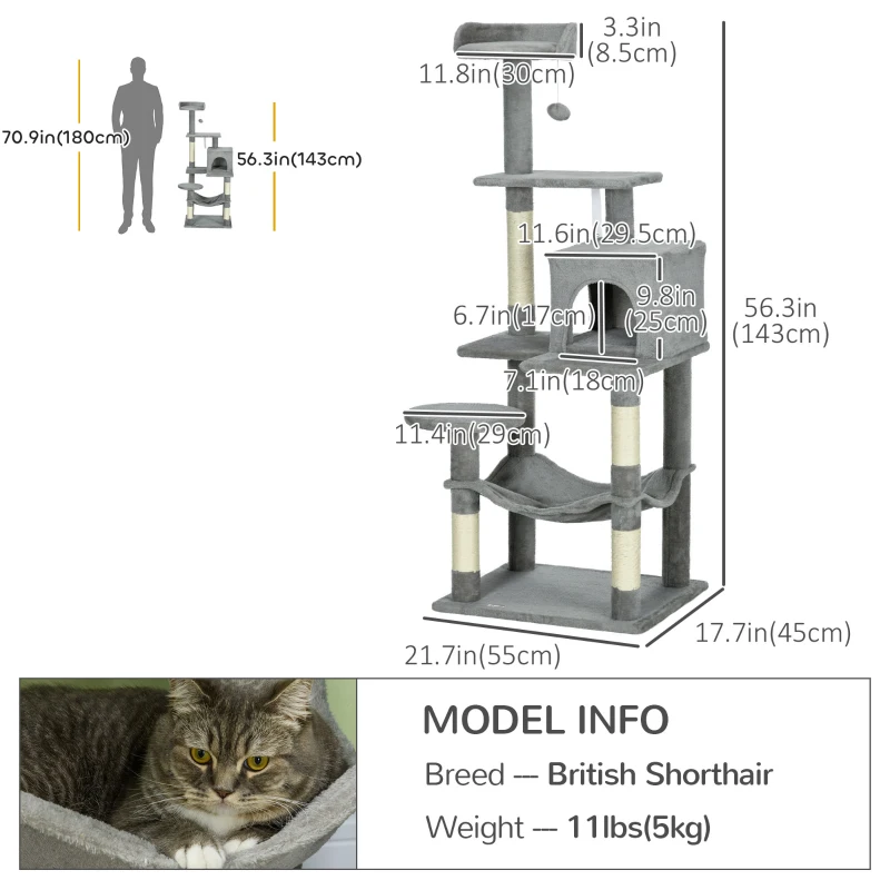 PawHut Tall Cat Tree for Indoor Cats, 56" Multi-Level Cat Tower with Hammock, Cat Bed, Cat Condo with Sisal Scratching Posts, Grey