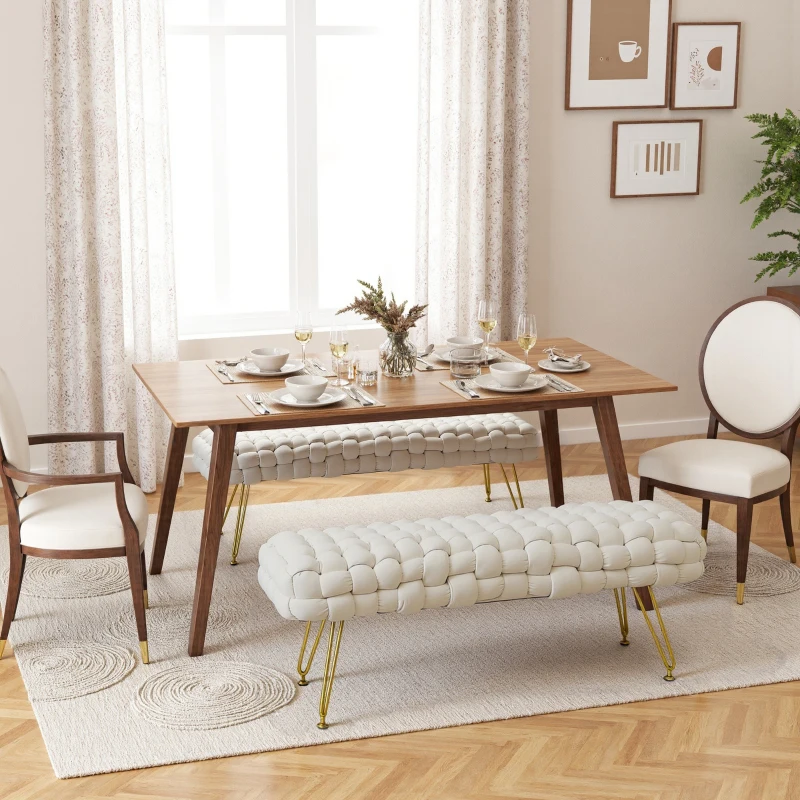 HOMCOM Upholstered Velvet End of Bed Bench 39" Woven End of Bed Bench with Gold Metal Legs for Entryway, Cream White