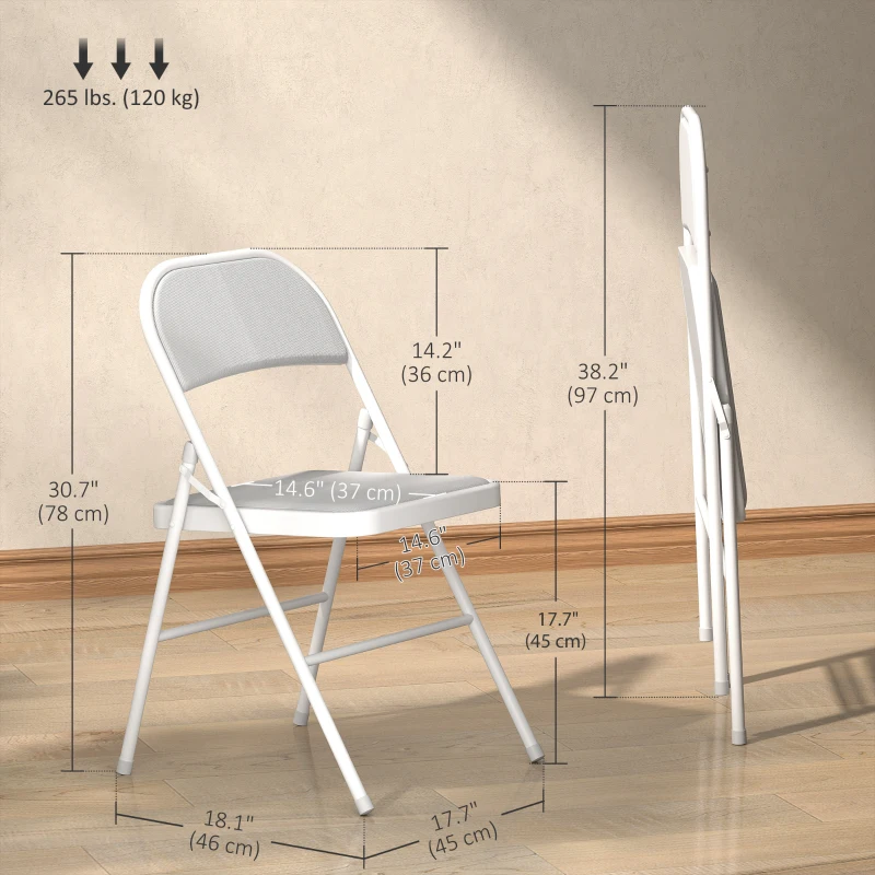 HOMCOM Set of 4 Metal Foldable Chairs, Corduroy Padded Folding Chairs with Cushion Seat and Open Back for Indoor, White