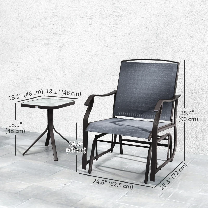 Outsunny 3 Piece Patio Glider Set Outdoor Gliders with Breathable Mesh Seat, Glass Top Table for Garden, Yard, Grey