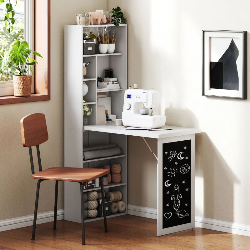 HOMCOM Fold-out Convertible Office Desk, Wall Mount Computer Desk with Blackboard and Side Shelf, White