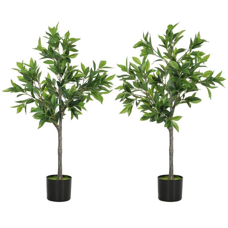 HOMCOM Potted Fake Plants Set of 2, Lifelike Laurel Artificial Trees with 345 PEVA Leaves for Indoor Outdoor Decor, Green