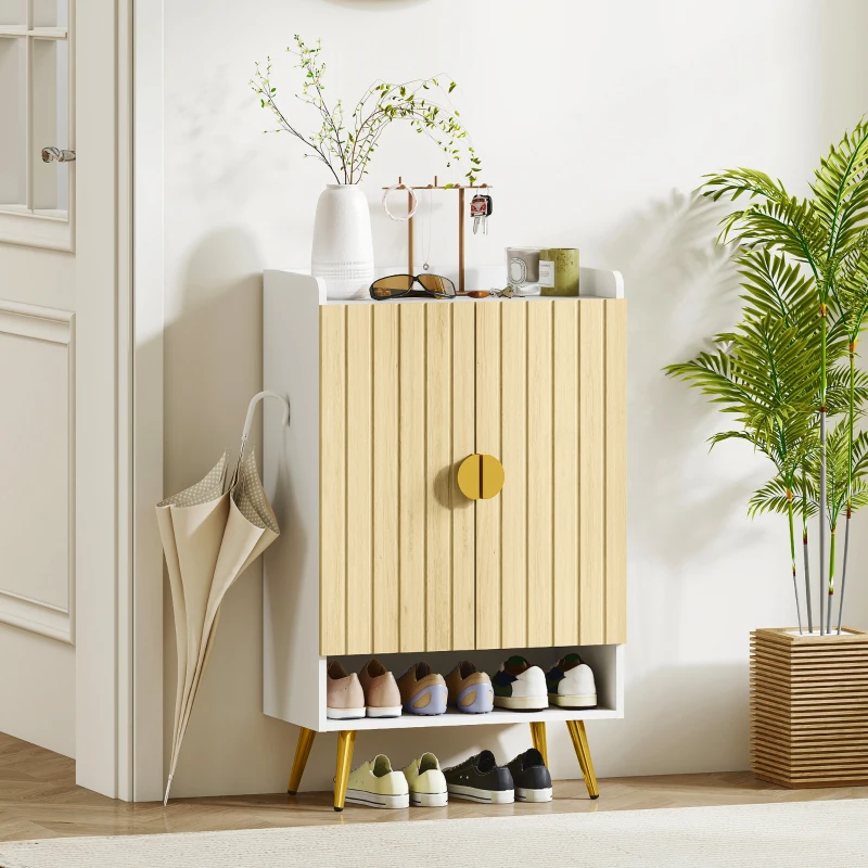 HOMCOM Entryway Shoe Storage Cabinet, Narrow Shoe Cabinet with Adjustable Shelves and Open Shelf for 15 Pairs of Shoes, Natural