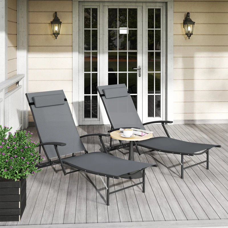 Outsunny Set of 2 Chaise Lounge Chairs, Folding Tanning Chair with Pillow, Outdoor Sun Lounger for Patio, Garden, Beach, Grey