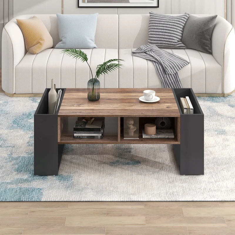Wood Grain Coffee Table with Handleless Drawer, Double Storage Compartments, Easy Assembly, 43.5" L x 23.5" W x 15.5" H, Grey+Wood