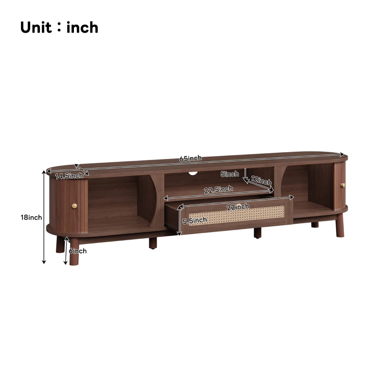 Rattan TV Stand with Solid Wood Doors and Drawers, Natural Country Style Storage Solution, Easy Installation, 65" L x 14.5" W x 18" H, Natural Walnut