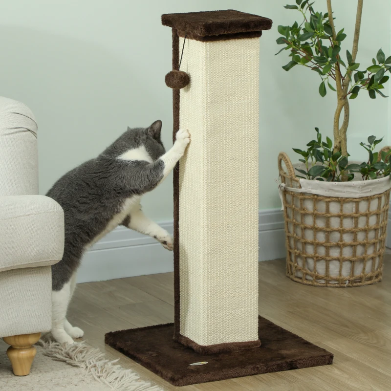 PawHut 32" Tall Cat Scratching Post for Indoor Cats and Kittens, Sisal Cat Scratcher with Hanging Ball Soft Plush, Brown
