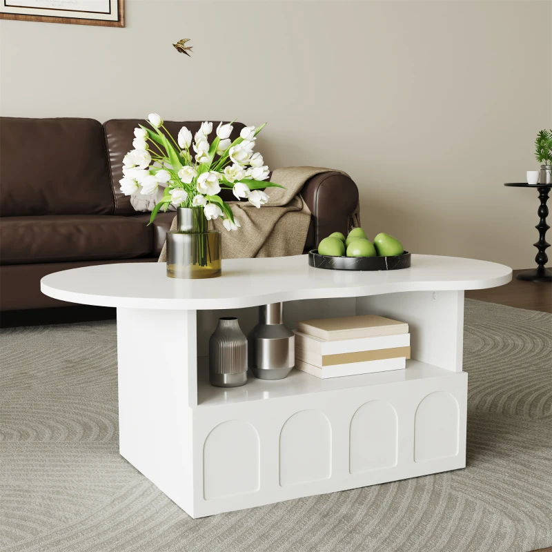 Cloud Coffee Table with Drawer and Open Storage, Particle Board, Cloud Coffee Table with Functional Design, 39.5" L x 23.5" W x 15" H, White