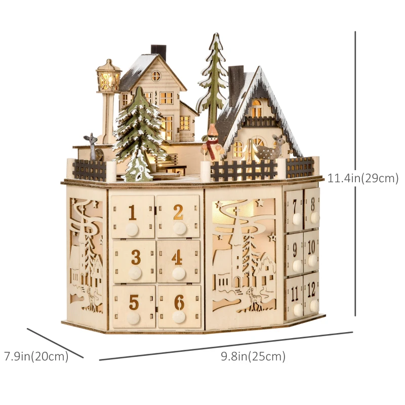 HOMCOM Wooden Christmas Advent Calendar, Lighted 24 Days Countdown to Christmas Table Decoration with Drawers for Kids and Adults, Battery Operated, Natural