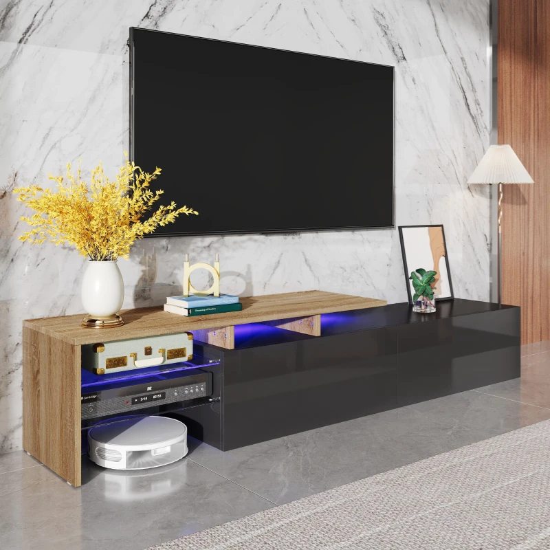 Modern TV Cabinet with Glass Shelves and LED Lighting, Stylish Storage Solution, Modern and Stylish Design, 67" L x 13" W x 13" H, Black+Natural