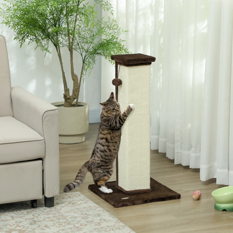 PawHut 32" Tall Cat Scratching Post for Indoor Cats and Kittens, Sisal Cat Scratcher with Hanging Ball Soft Plush, Brown
