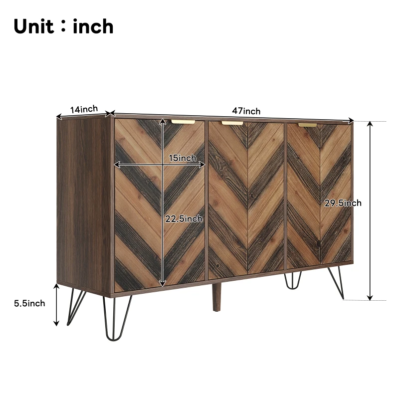 Unique Three-Door Sideboard with Adjustable Shelves, Sturdy and Stable Construction, Easy Assembly, 47" L x 14" W x 29.5" H, Natural