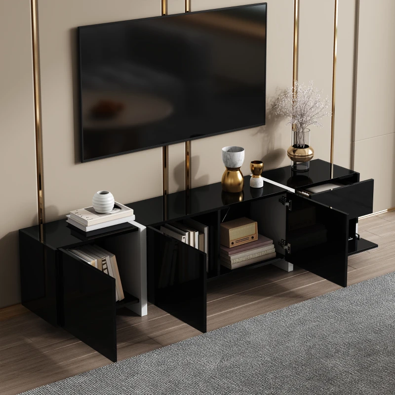 Modern TV Cabinet with High Gloss Finish and LED Light Strip, Ample Storage Space, Easy Assembly, 67" L x 11.5" W x 11.5" H, Black