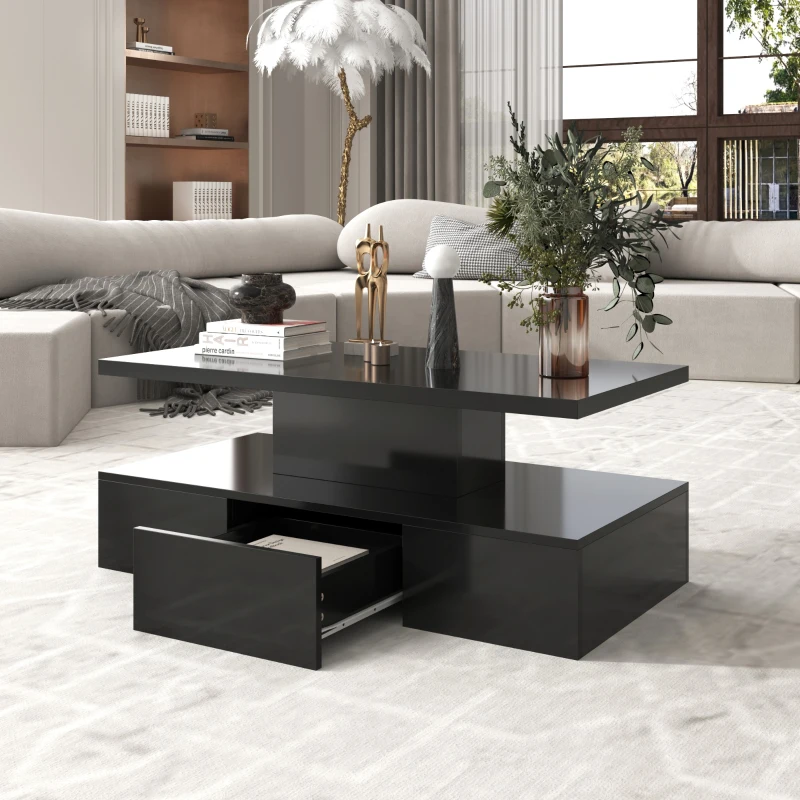 Modern High-Gloss Coffee Table with Hidden Drawer, Durable Particle Board, Modern Design, Easy to Install, 39.5" L x 19.5" W x 15.5" H, Black