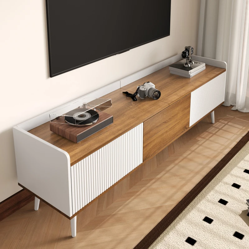 TV Stand with Three Doors and Sturdy Wooden Legs, Raised Edge for Safety, Easy to Install, 63" L x 15.5" W x 19.5" H, White+Natural