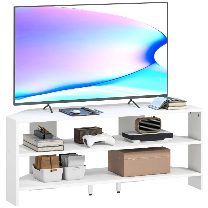 HOMCOM Corner TV Stand, Modern TV Table with 2 Open Shelves for 47 Inch TV, Entertainment Center for Living Room, White