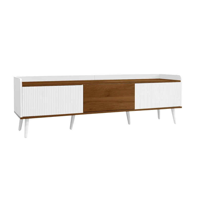 TV Stand with Three Doors and Sturdy Wooden Legs, Raised Edge for Safety, Easy to Install, 63" L x 15.5" W x 19.5" H, White+Natural