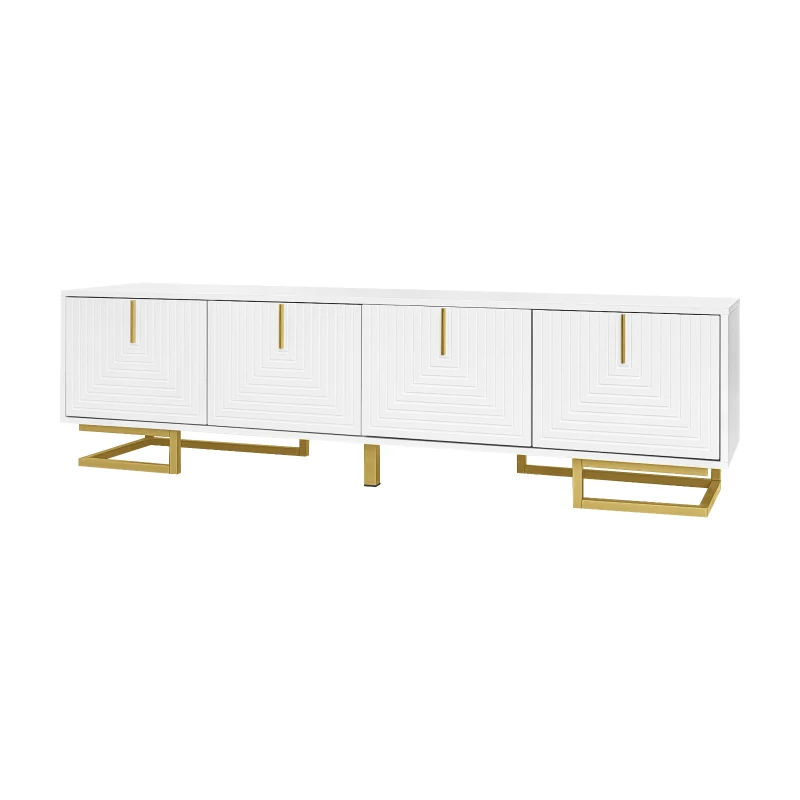 Modern TV Stand with Textured Doors, Gold Handles and Legs, Ample Storage Space, Easy to Install, 63" L x 15" W x 17.5" H, White