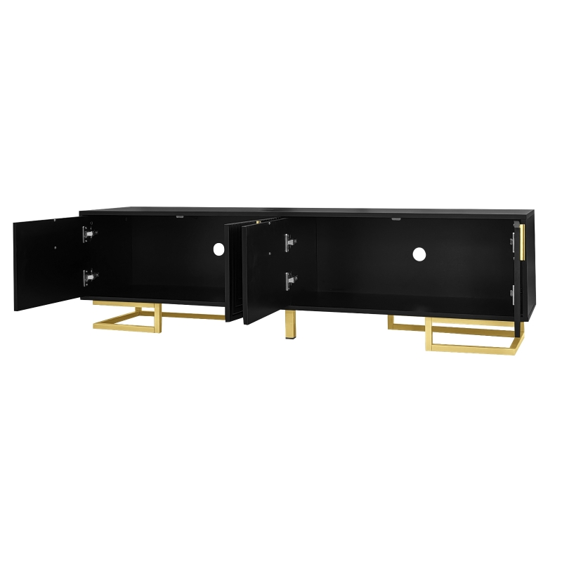Modern TV Stand with Textured Doors, Gold Handles and Legs, Ample Storage Space, Easy to Install, 63" L x 15" W x 17.5" H, Black