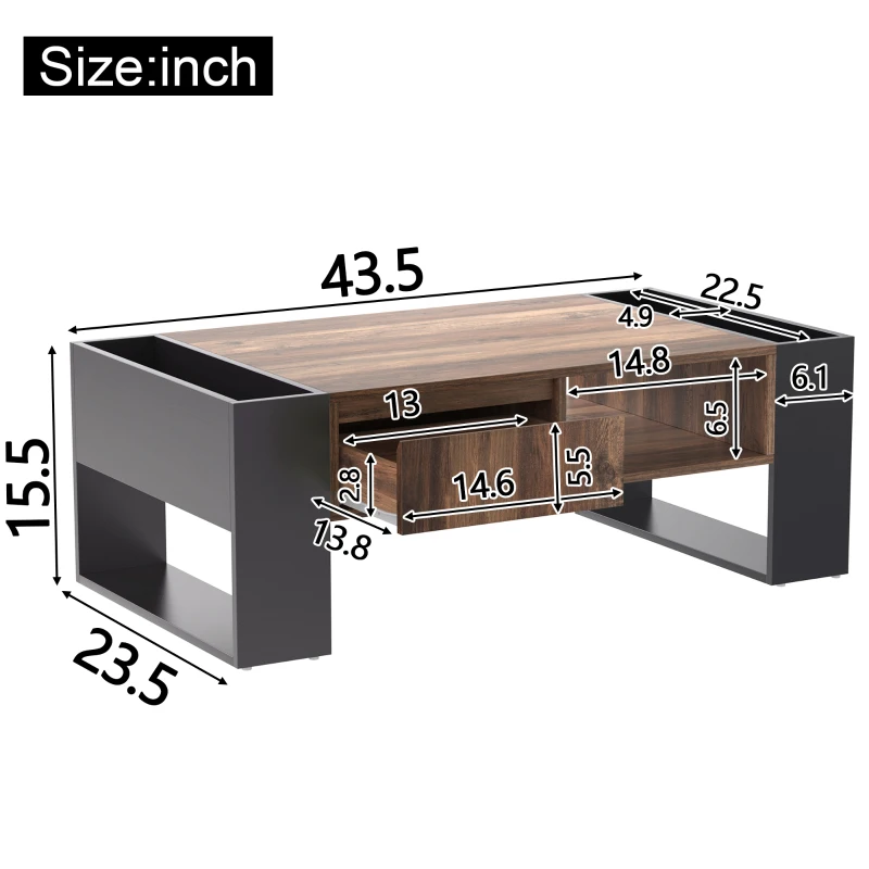 Wood Grain Coffee Table with Handleless Drawer, Double Storage Compartments, Easy Assembly, 43.5" L x 23.5" W x 15.5" H, Grey+Wood