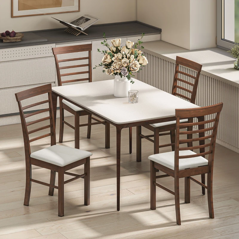 HOMCOM Wooden Dining Chairs Set of 4, Farmhouse Upholstered Kitchen Chairs with Rubber Wood Frame, Dark Brown and Beige