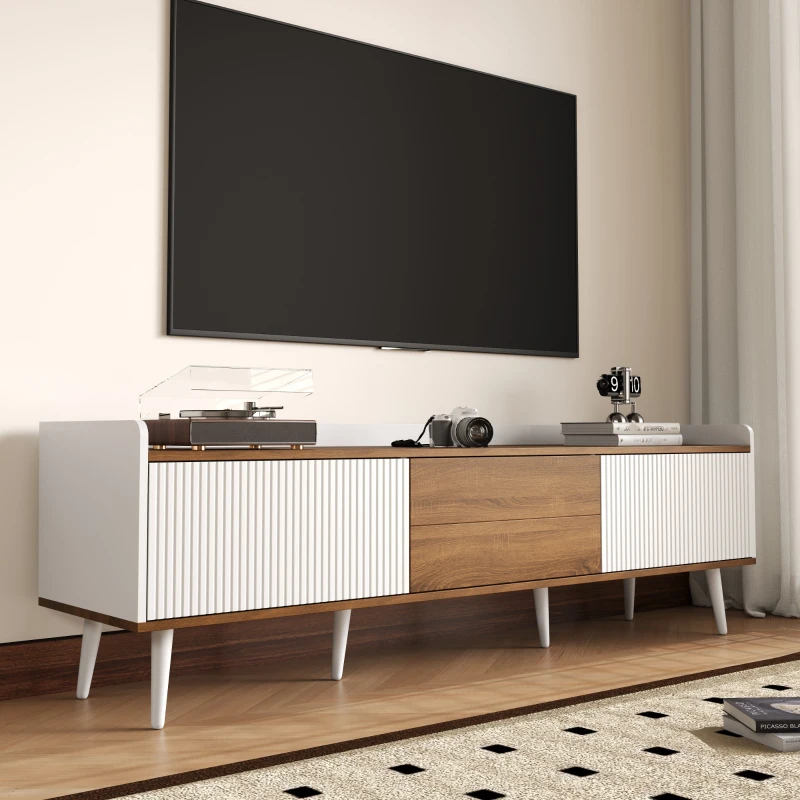TV Stand with Three Doors and Sturdy Wooden Legs, Raised Edge for Safety, Easy to Install, 63" L x 15.5" W x 19.5" H, White+Natural