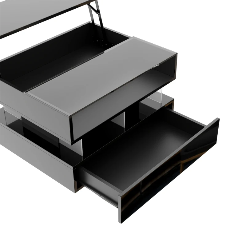 High-Gloss Coffee Table with Glass Top and LED Lighting, Storage Drawer and Adjustable Height, Easy to Install, 26" L x 21.5" W x 21.5" H, Black