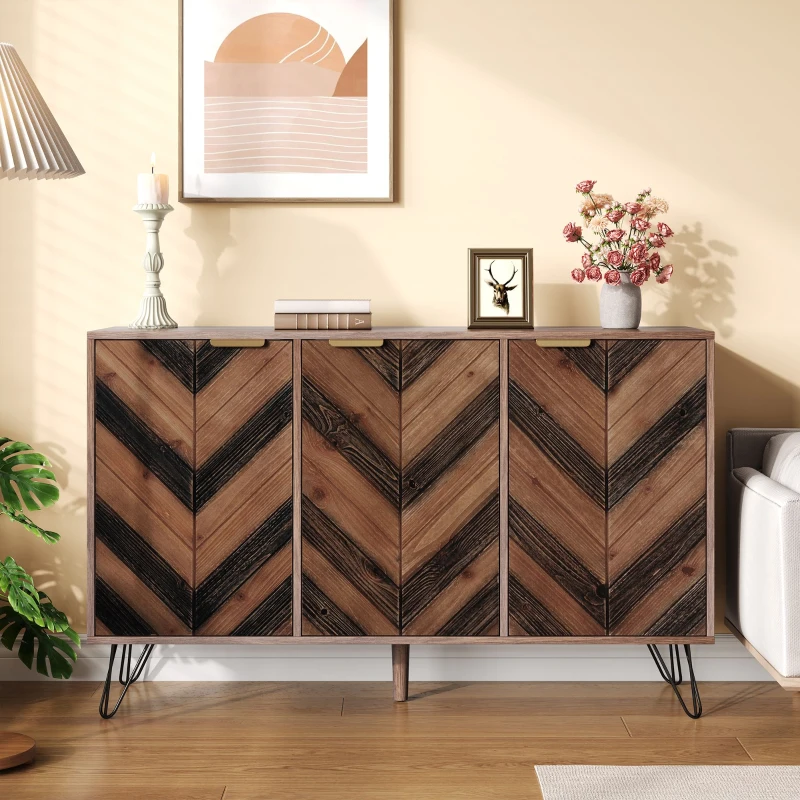 Unique Three-Door Sideboard with Adjustable Shelves, Sturdy and Stable Construction, Easy Assembly, 47" L x 14" W x 29.5" H, Natural