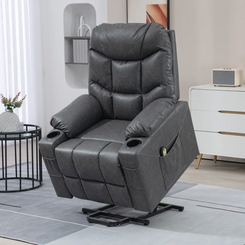 HOMCOM Lift Chair for Elderly, PU Leather Electric Recliner Chair with Quick Assembly, Remote, Cup Holders, Side Pockets, Grey