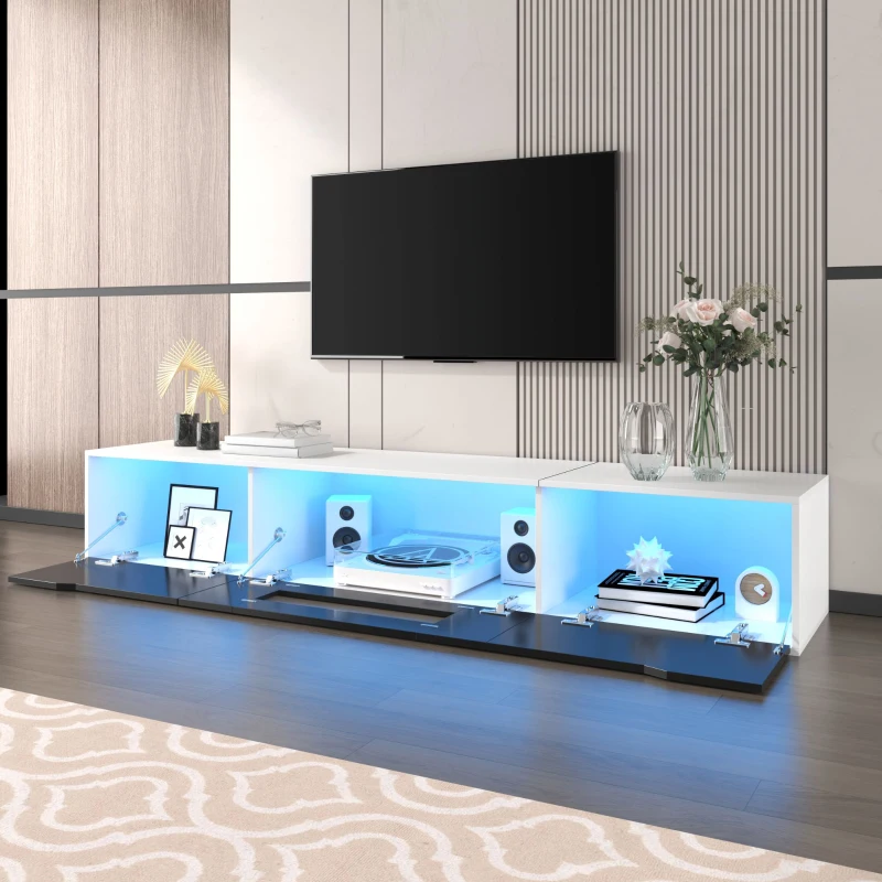 High-Gloss TV Stand with Colour-Changing LED Lighting and Versatile Mounting Options, Easy to Install, 71" L x 12" W x 12" H, Black+White