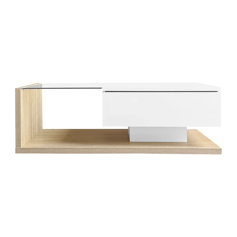 High-Gloss Coffee Table with Glass and LED Effect, Modern Design with Storage Compartment, 41.5" L x 21.5" W x 12.5" H, White+Wood