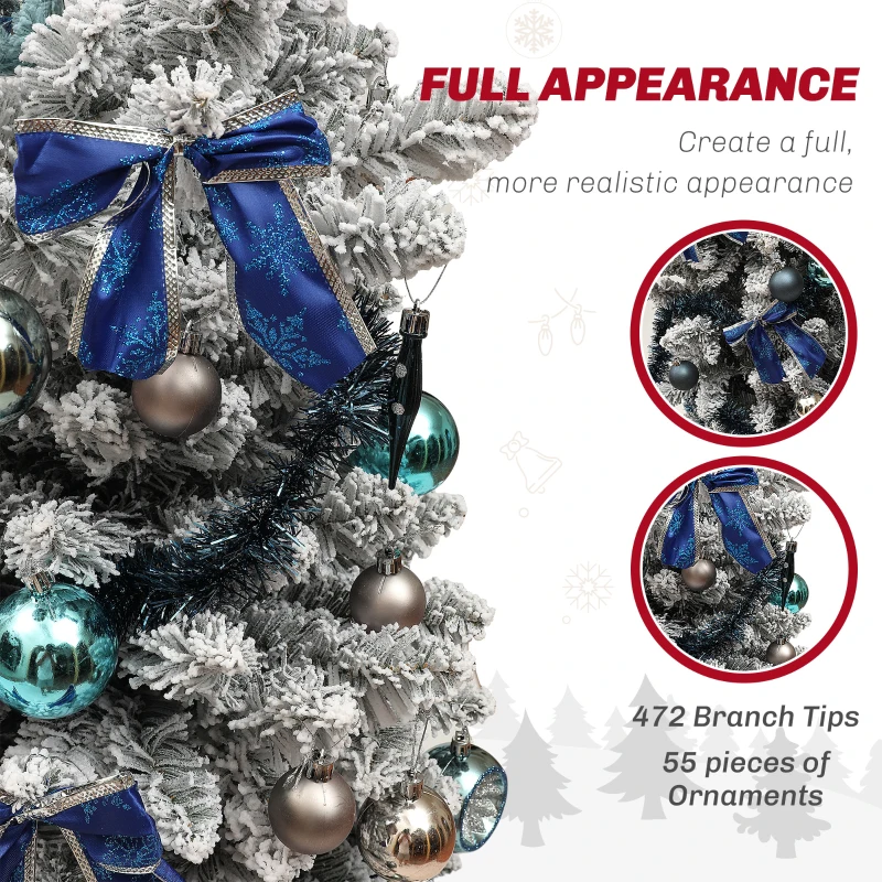 HOMCOM 5ft Prelit Artificial Christmas Tree with Blue Ornaments, Flocked Christmas Tree with LED Lights for Holiday