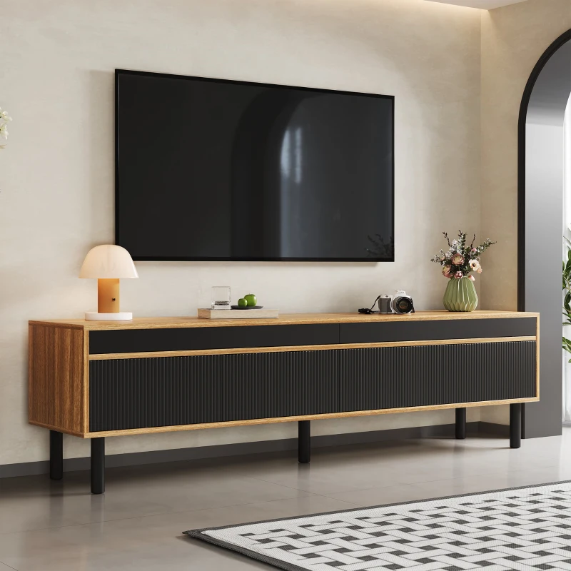 TV Stand with Elegant Stripe Design and Sturdy Wooden Legs, Three Doors, Practical and Easy Access, 67" L x 15" W x 18.5" H, Black+Natural