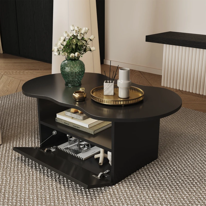 Cloud Coffee Table with Drawer and Open Storage, Particle Board and Modern Design, Easy to Install, 39.5" L x 23.5" W x 15" H, Black